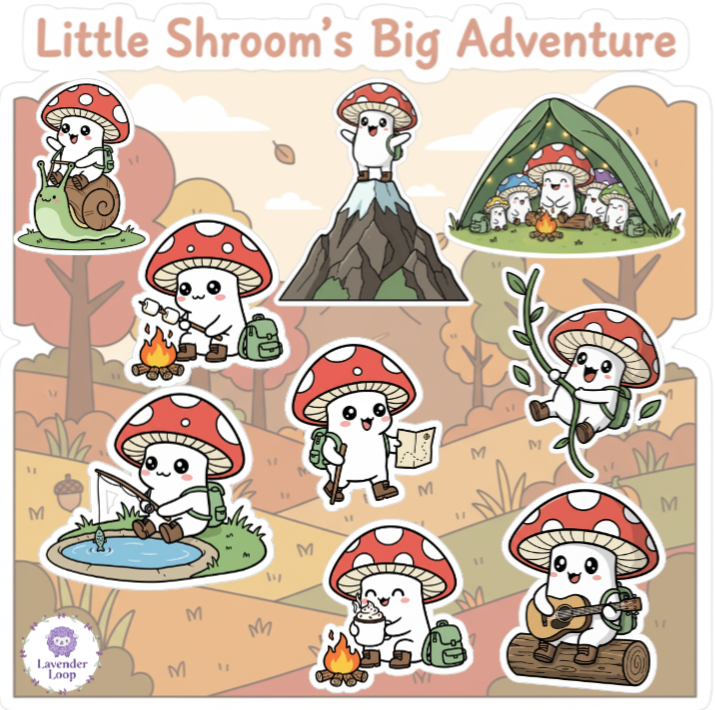 Little Shroom's Big Adventure Sticker Sheet | Cute Mushroom Decals (9-Pack)