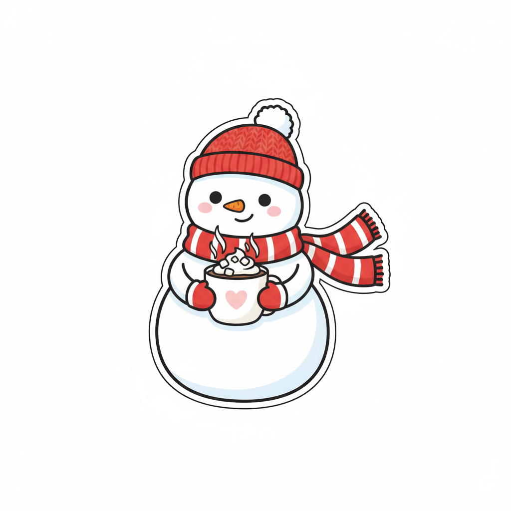 Cozy Snowman with Hot Cocoa Sticker | Cute Holographic Holiday Decal
